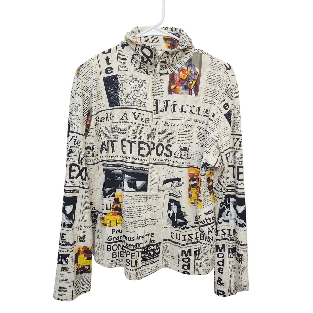 Parsley & Sage Newspaper Print Zip Up Jacket Rhinestone Art French Cream Large